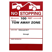 No Stopping temporary sign featuring a car towing icon and listed tow away zone.